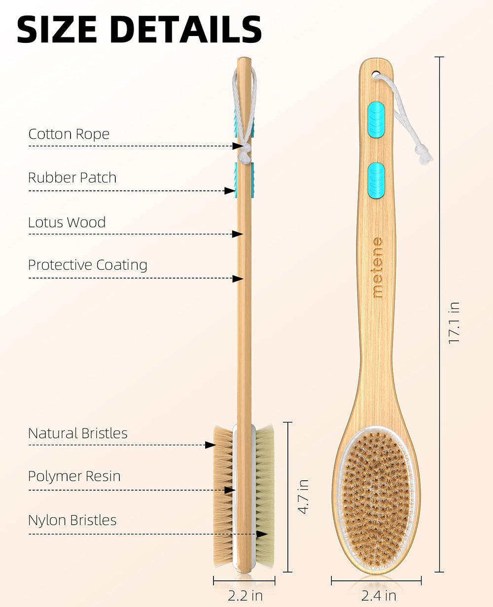 Metene shower brush anti-slip grip and hanging rope for secure use