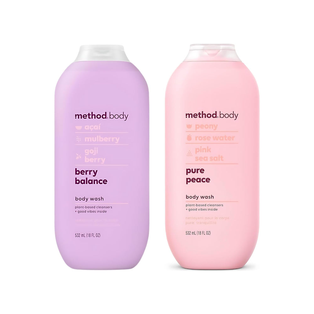 Method Berry Balance bottle shows vibrant berry scent for soft, moisturized skin.