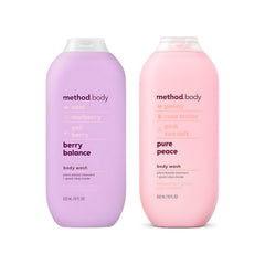 Method Berry Balance bottle shows vibrant berry scent for soft, moisturized skin.