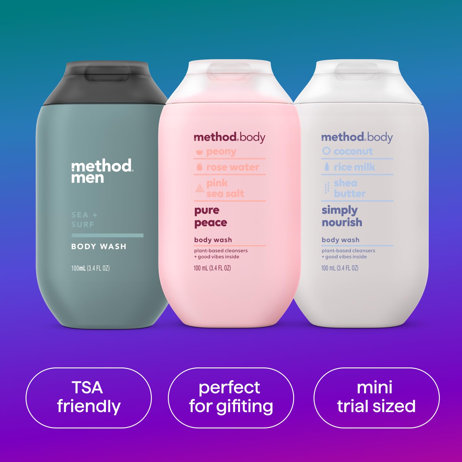 Method Body Wash Gift Set travel-size bottles ideal for on-the-go routines.