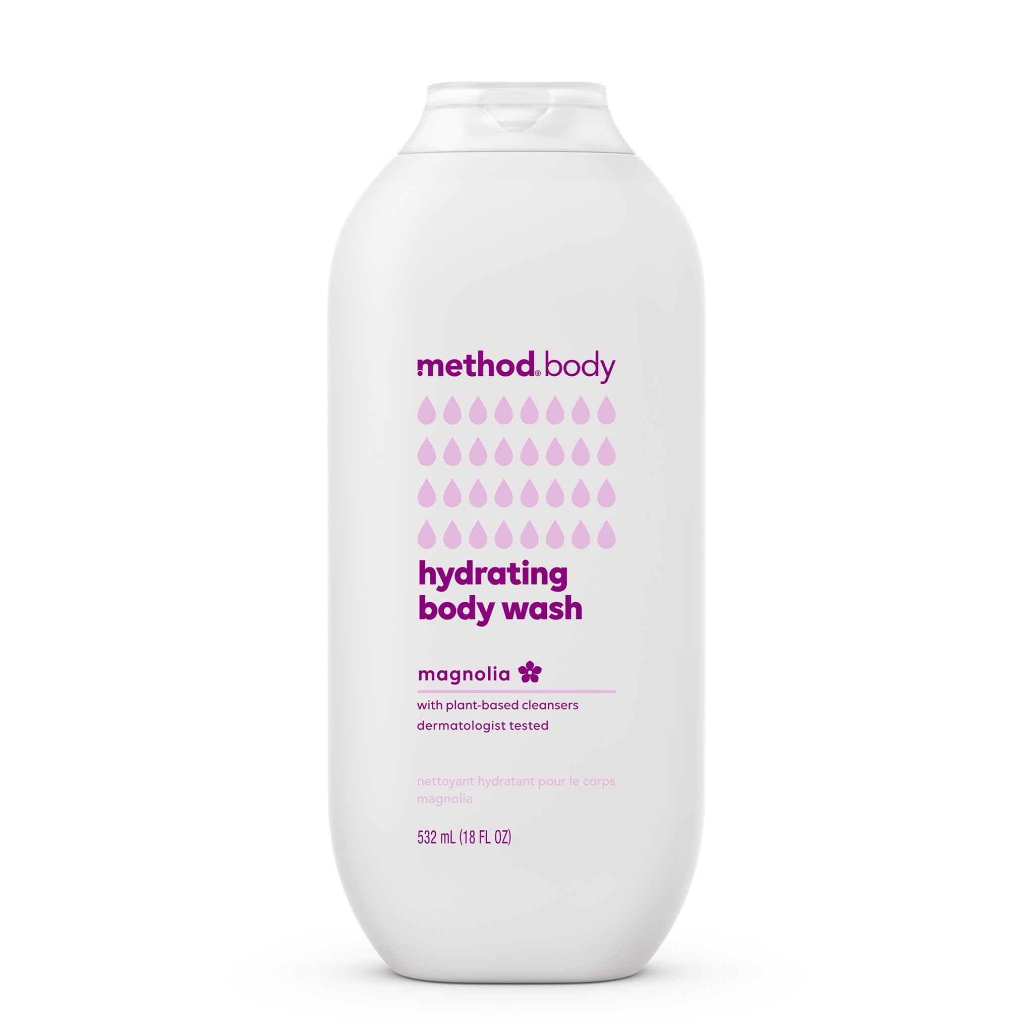 Method Magnolia bottle pour shows easy dispensing for convenient showers.