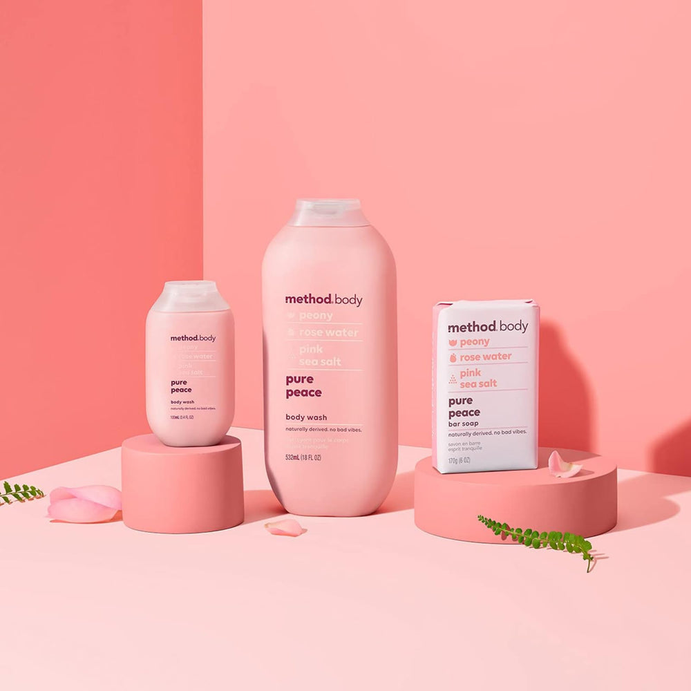 Method Pure Peace bottle with rose-water aroma promotes relaxing shower routine.
