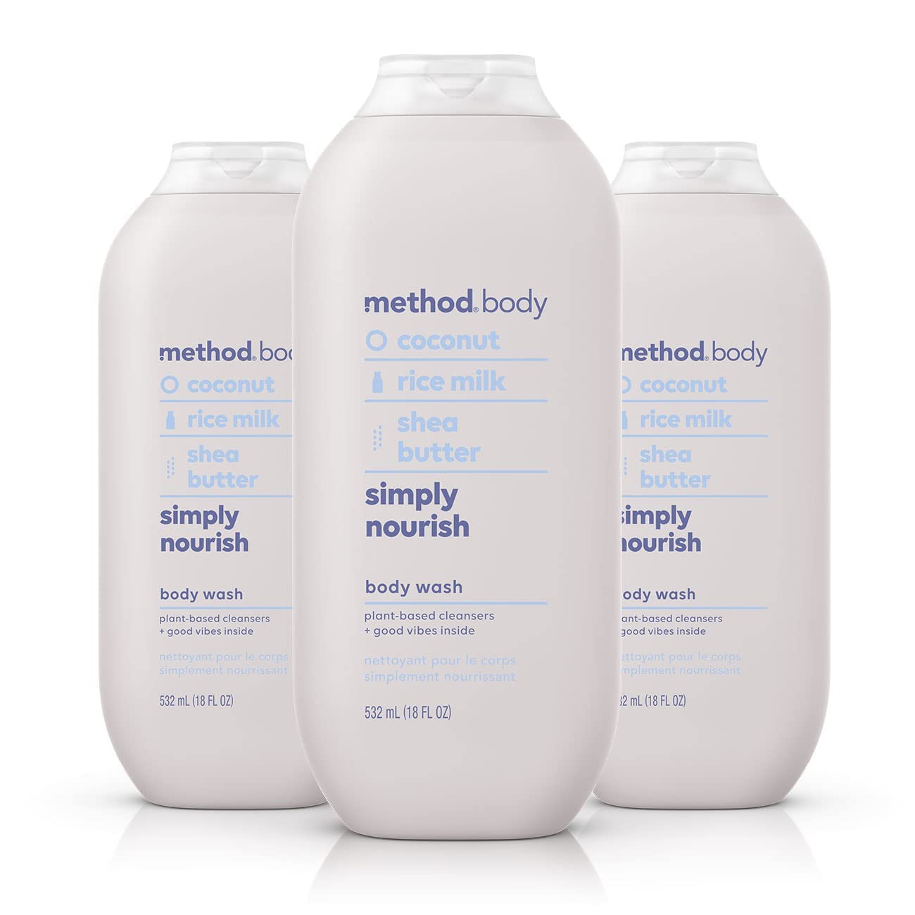 Method Simply Nourish three-pack bottles, convenient daily cleansing.