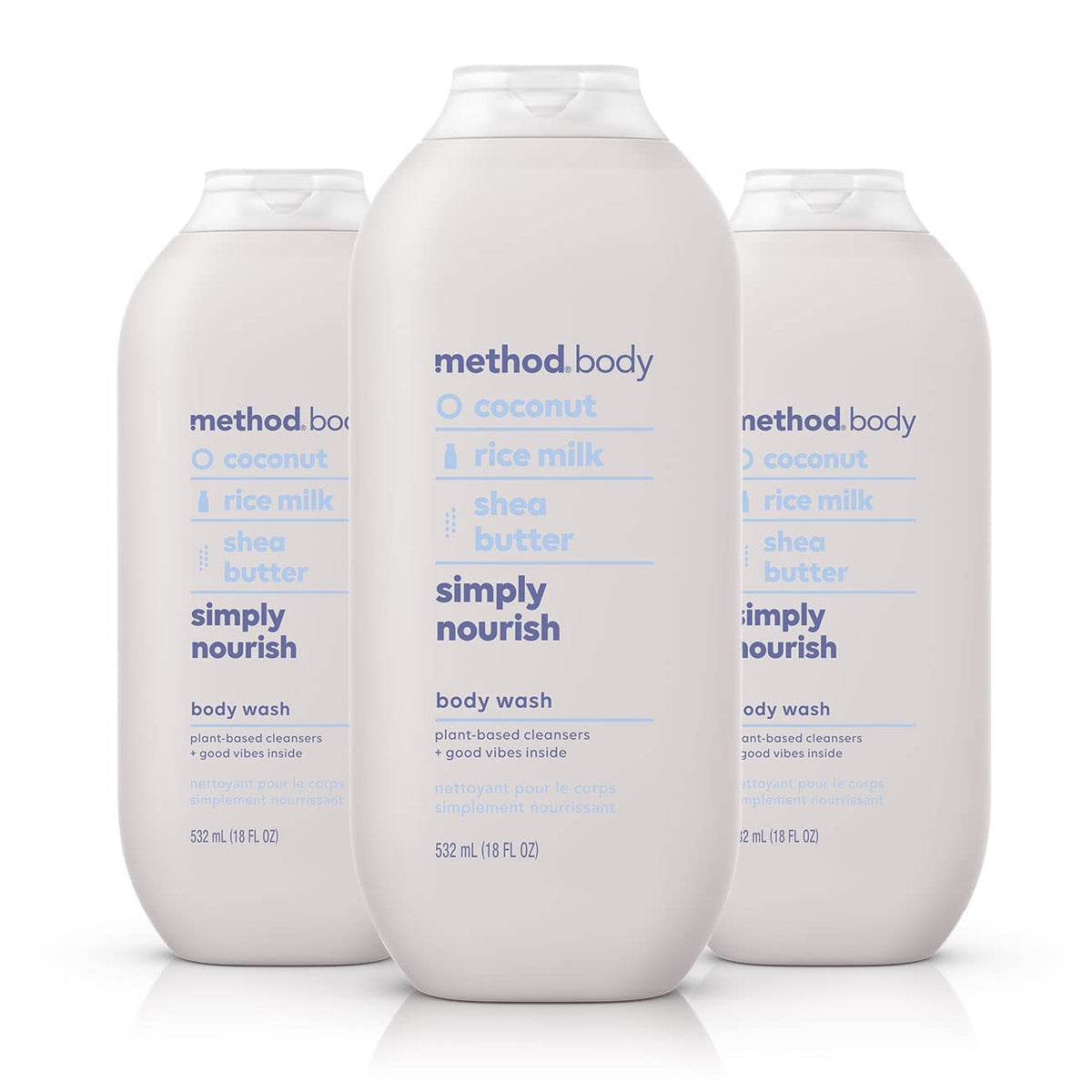 Method Simply Nourish three-pack bottles, convenient daily cleansing.