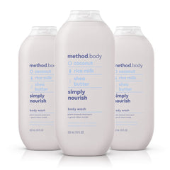 Method Simply Nourish three-pack bottles, convenient daily cleansing.