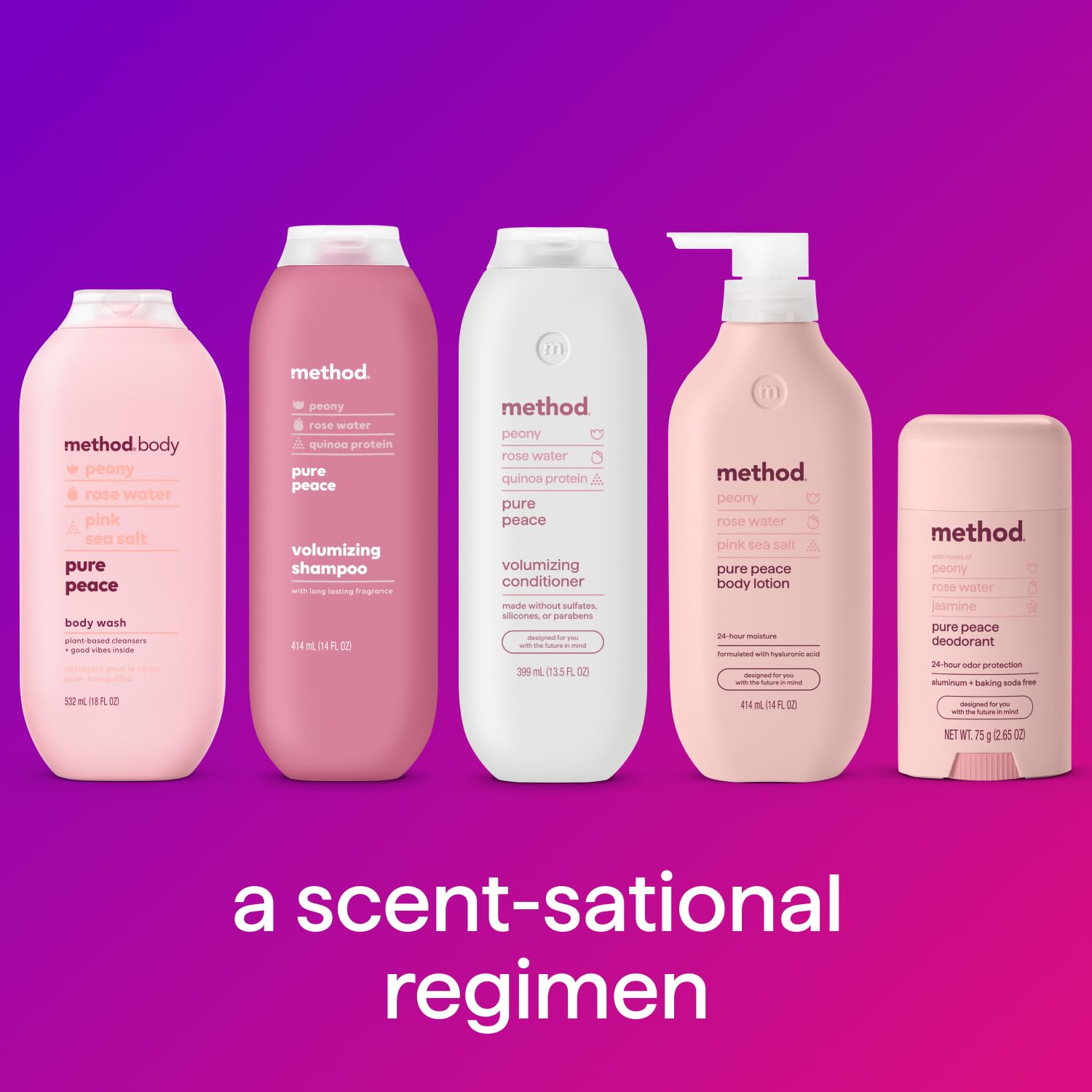 Method Pure Peace fragrance hint of peony and rose water.