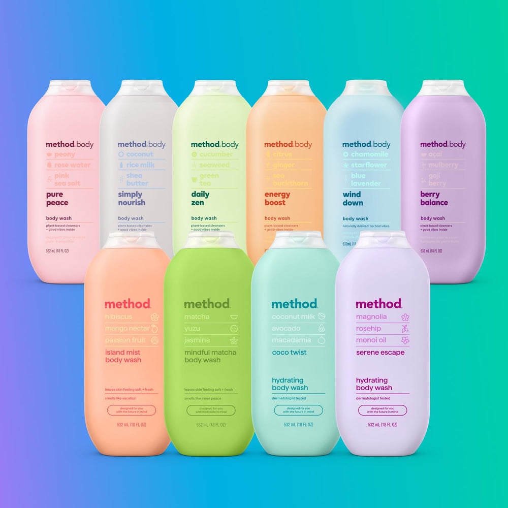 Method Pure Peace PCR bottle highlights sustainable packaging.