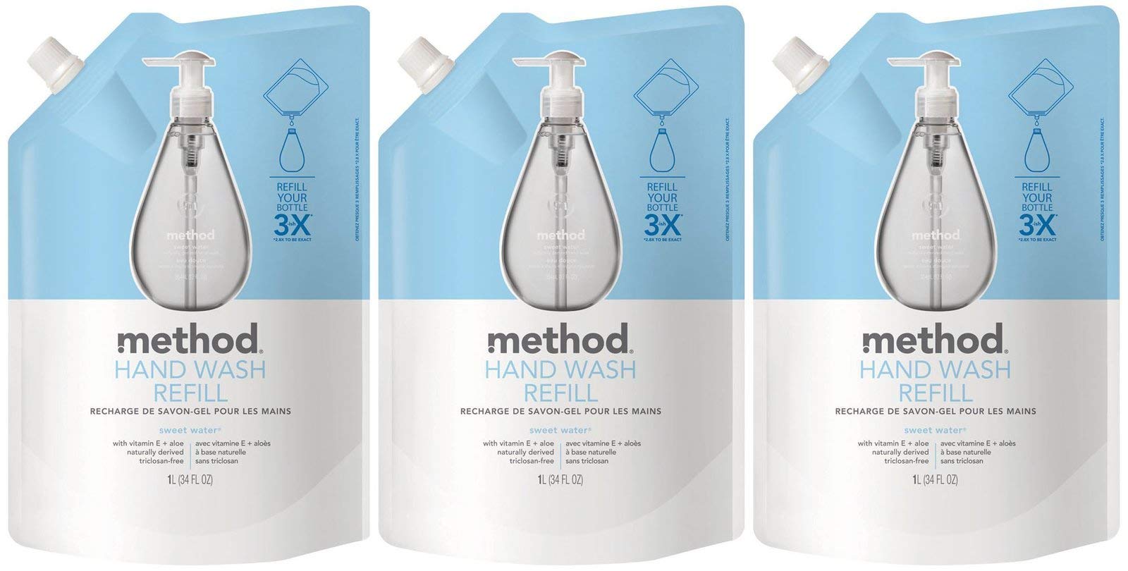 Method Gel Hand Soap Refill Sweet Water bottle pour demonstrates easy refilling to reduce plastic waste