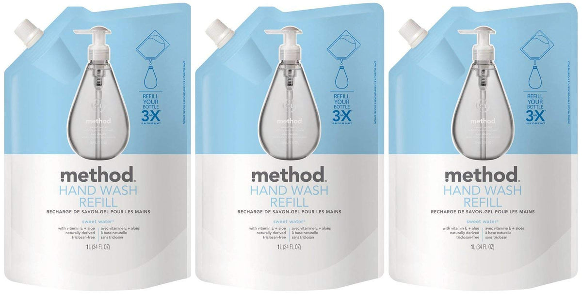 Method Gel Hand Soap Refill Sweet Water bottle pour demonstrates easy refilling to reduce plastic waste