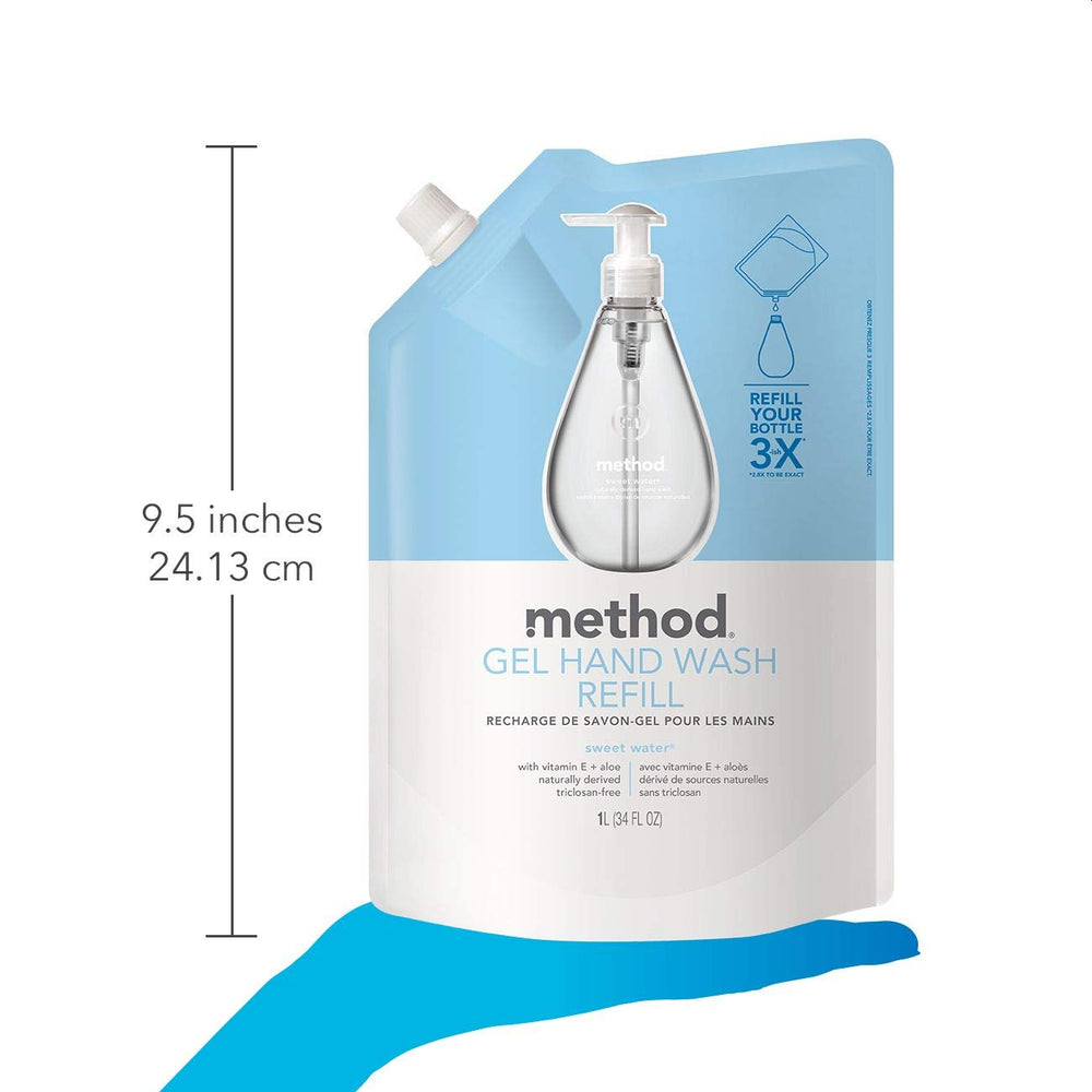 Method Gel Hand Soap Refill Sweet Water suds on hands scene emphasizes gentle cleansing