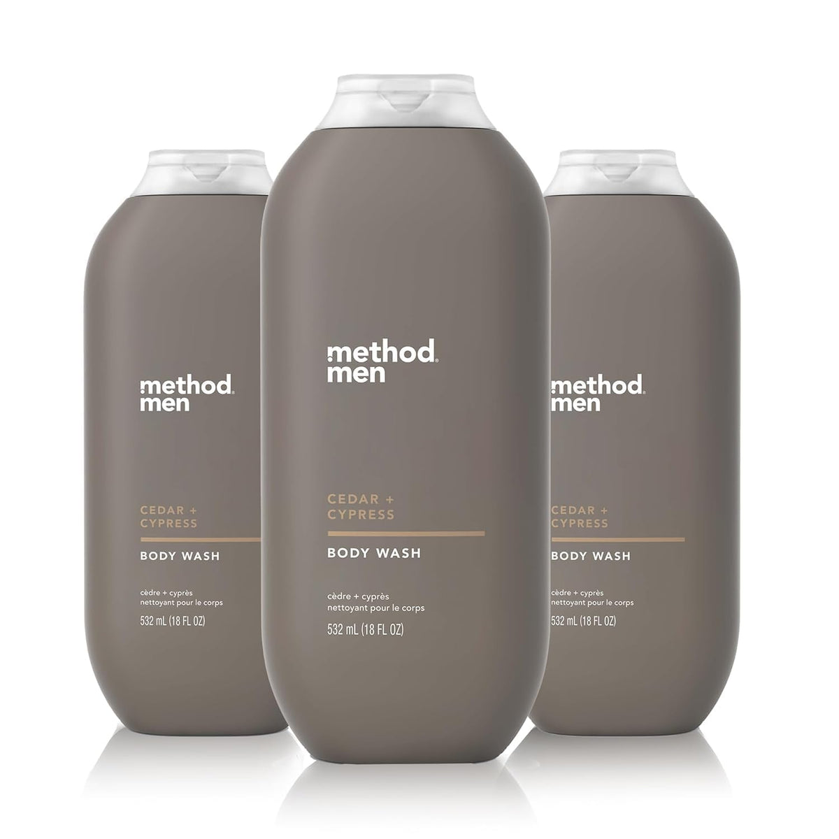 Method Men Cedar + Cypress bottle showcases paraben-free cleansing and fragrance notes.
