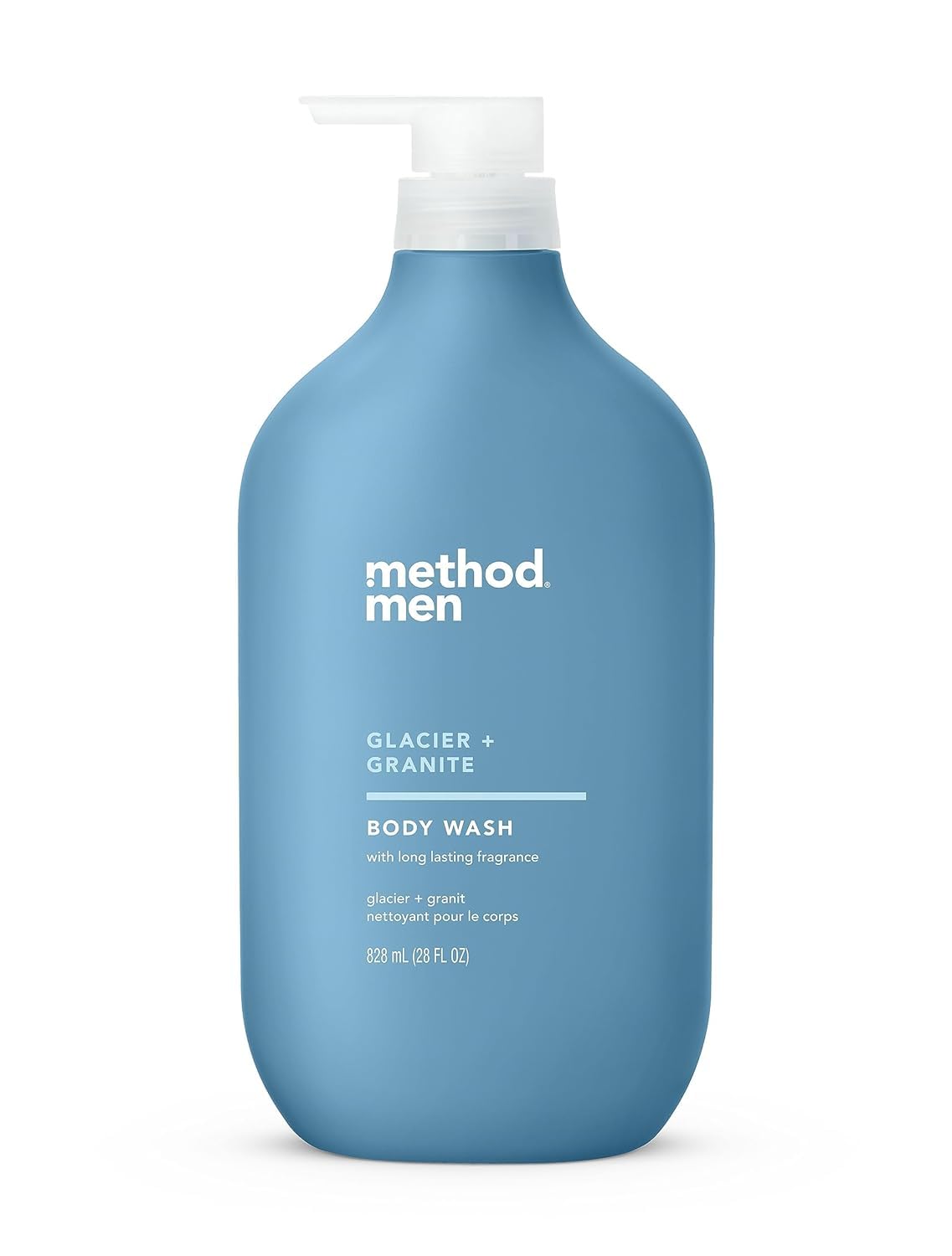 Method Men Body Wash Glacier bottle pour demonstrates quick cleansing for a fresh start.