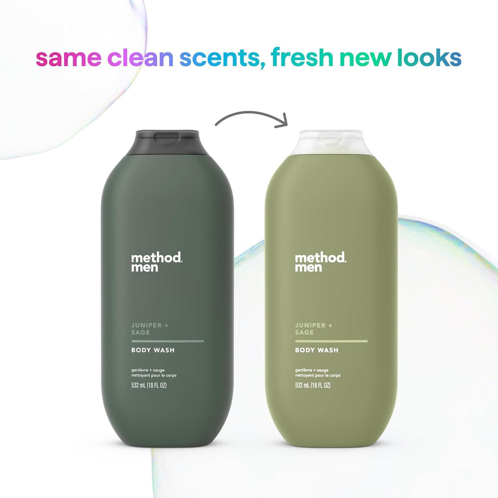 Method Men Body Wash packshot in bathroom demonstrates daily shower routine setup.