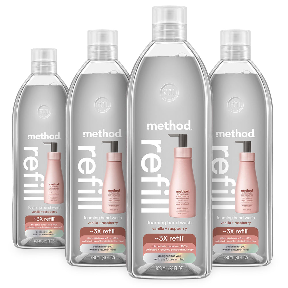 Method Premium refill bottle closeup with vanilla raspberry scent and recyclable packaging.