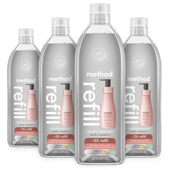 Method Premium refill bottle closeup with vanilla raspberry scent and recyclable packaging.