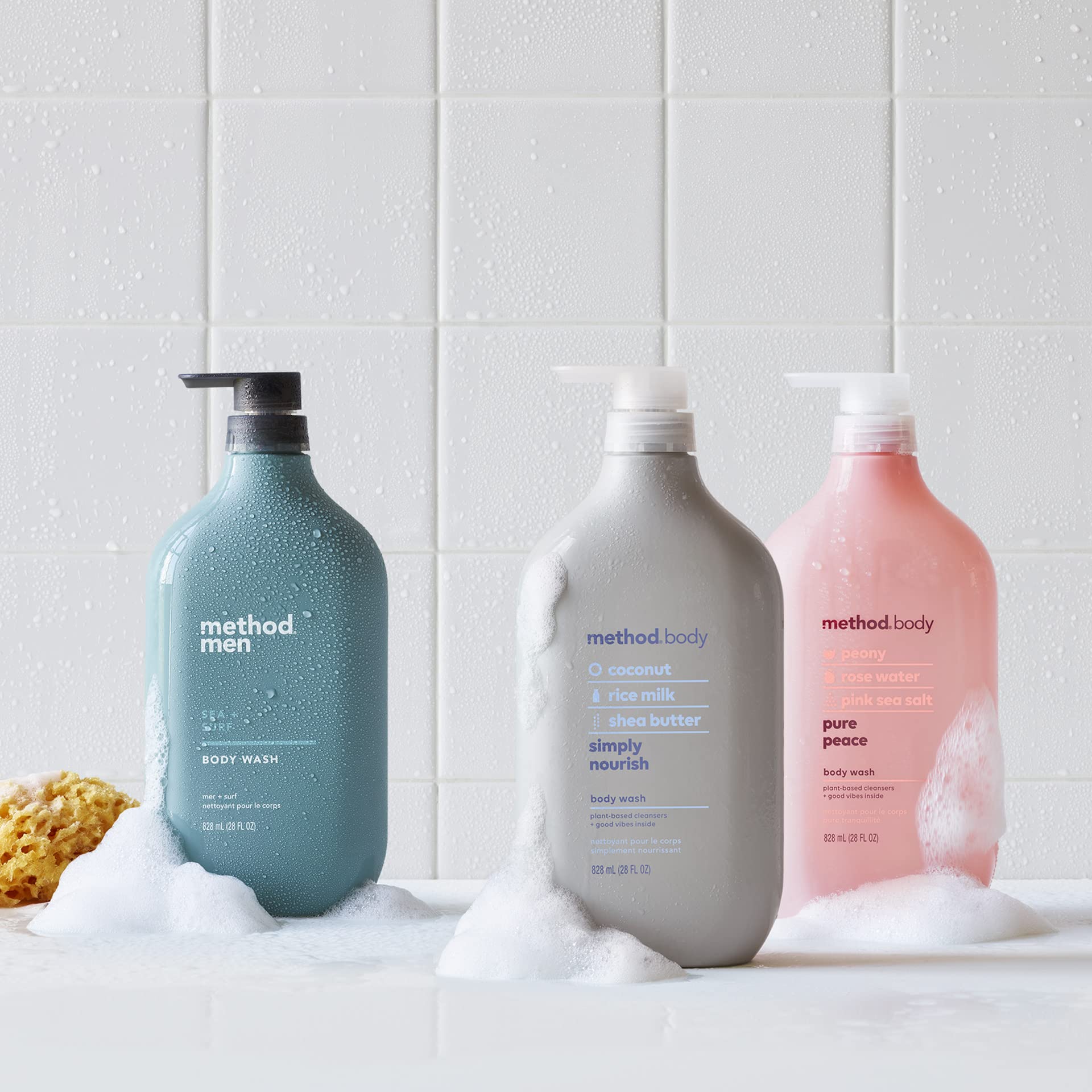 Method Sea + Surf ingredients icons show plant-based cleansers for gentle cleansing.