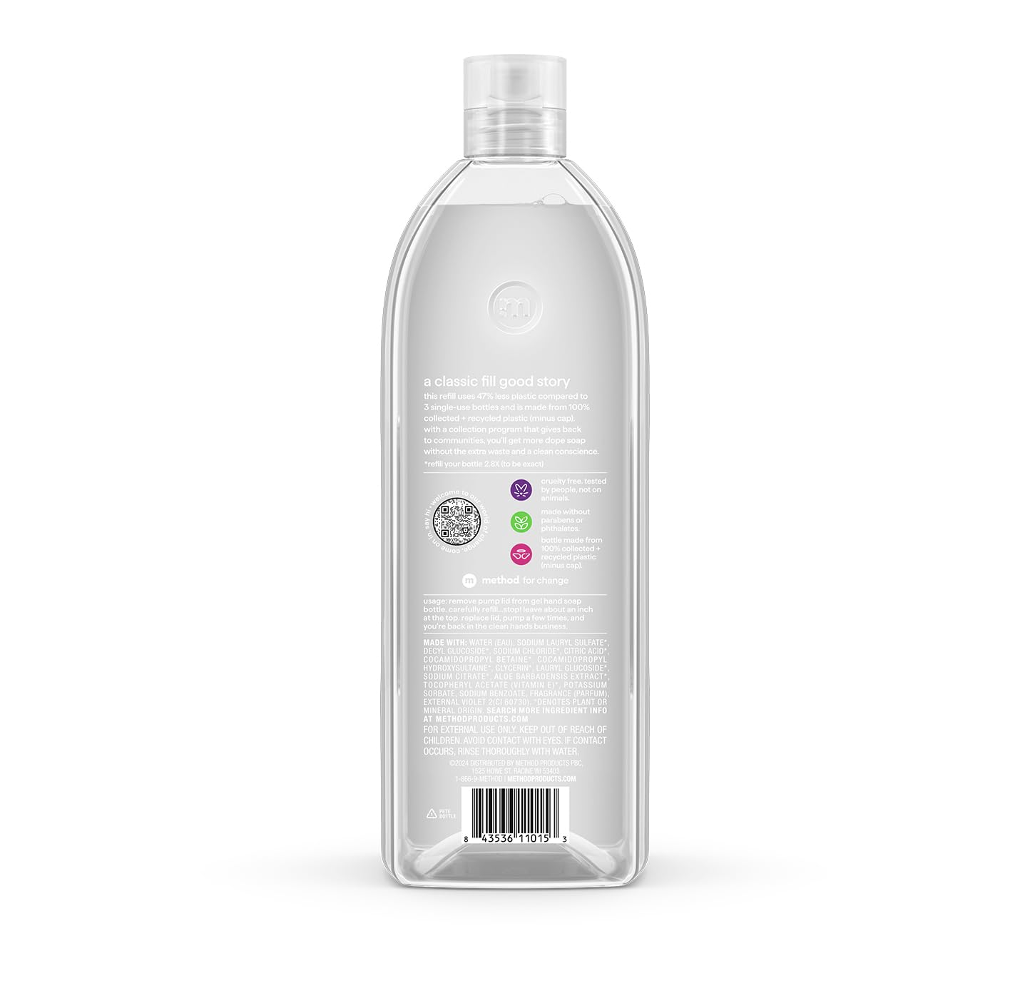 Method Sweet Water hand soap label close-up highlights citrus notes for a fresh scent