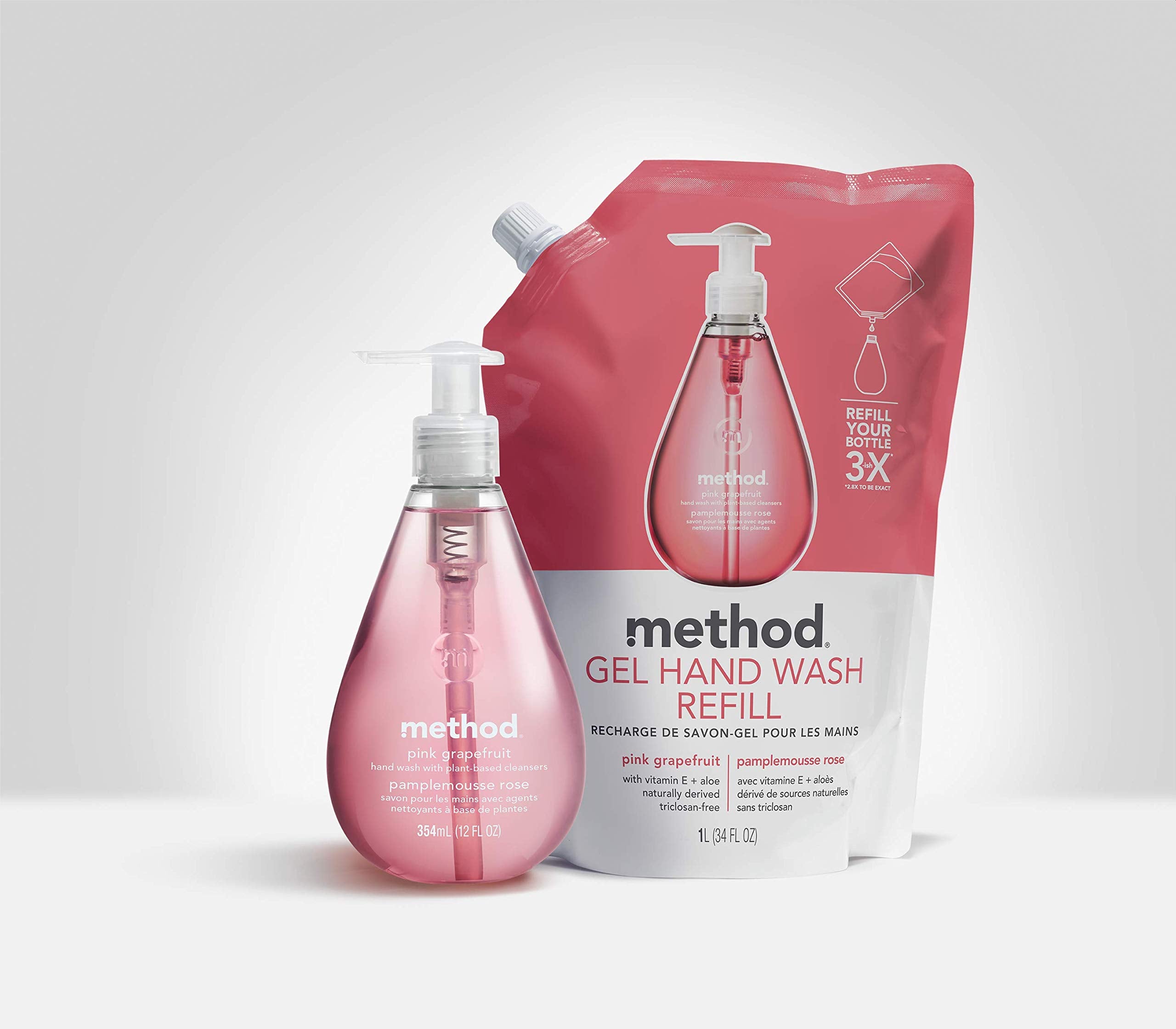 Method Waterfall bathroom setup shows refill in storage area