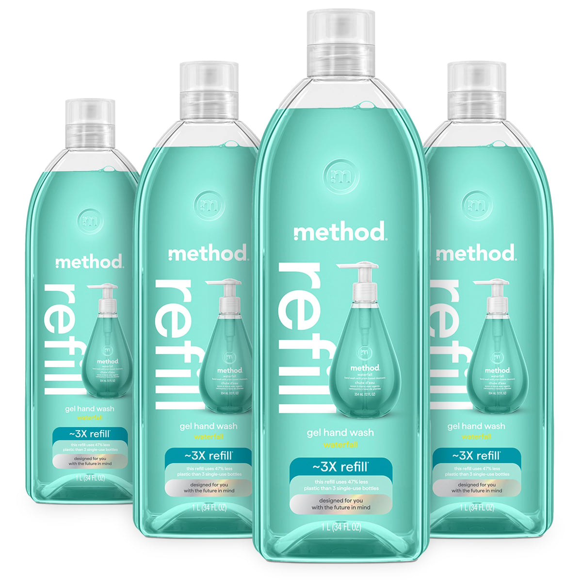 Method Waterfall refill bottle shows recyclable packaging for eco-friendly hand care.