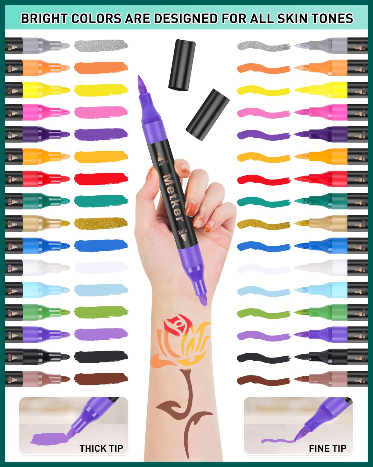 Metker tattoo markers color palette shows bright, expressive hues for skin art.