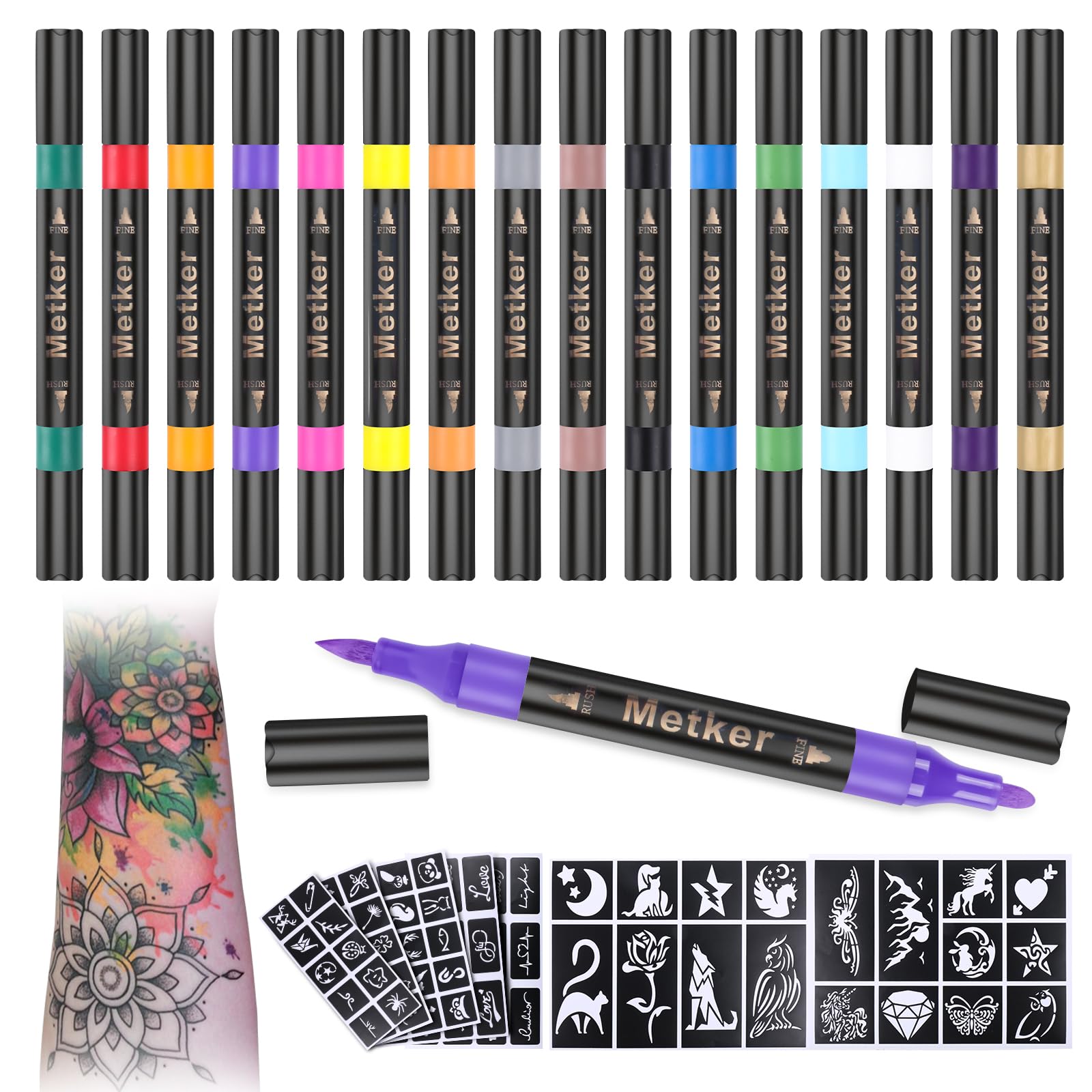 Metker tattoo markers dual-end tips for precise lines and bold fills during body art.