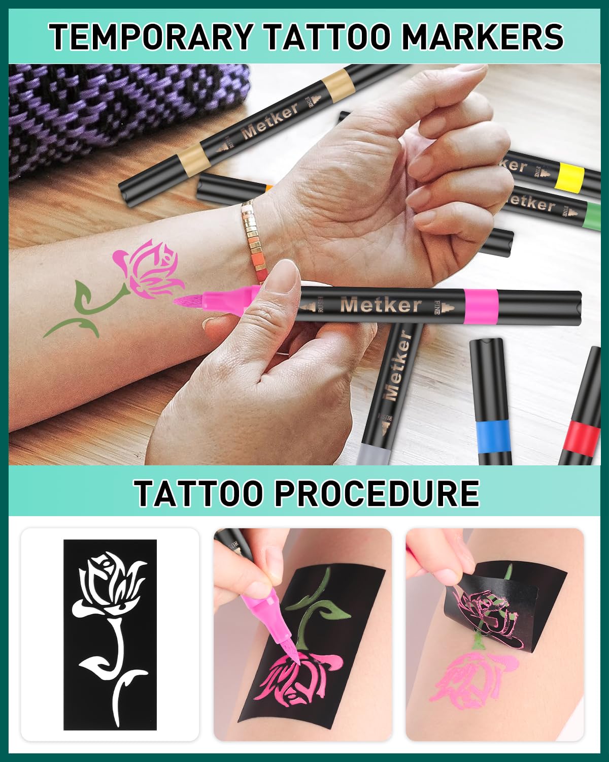 Metker skin-safe cosmetic-grade ink supports safe temporary designs across skin tones.