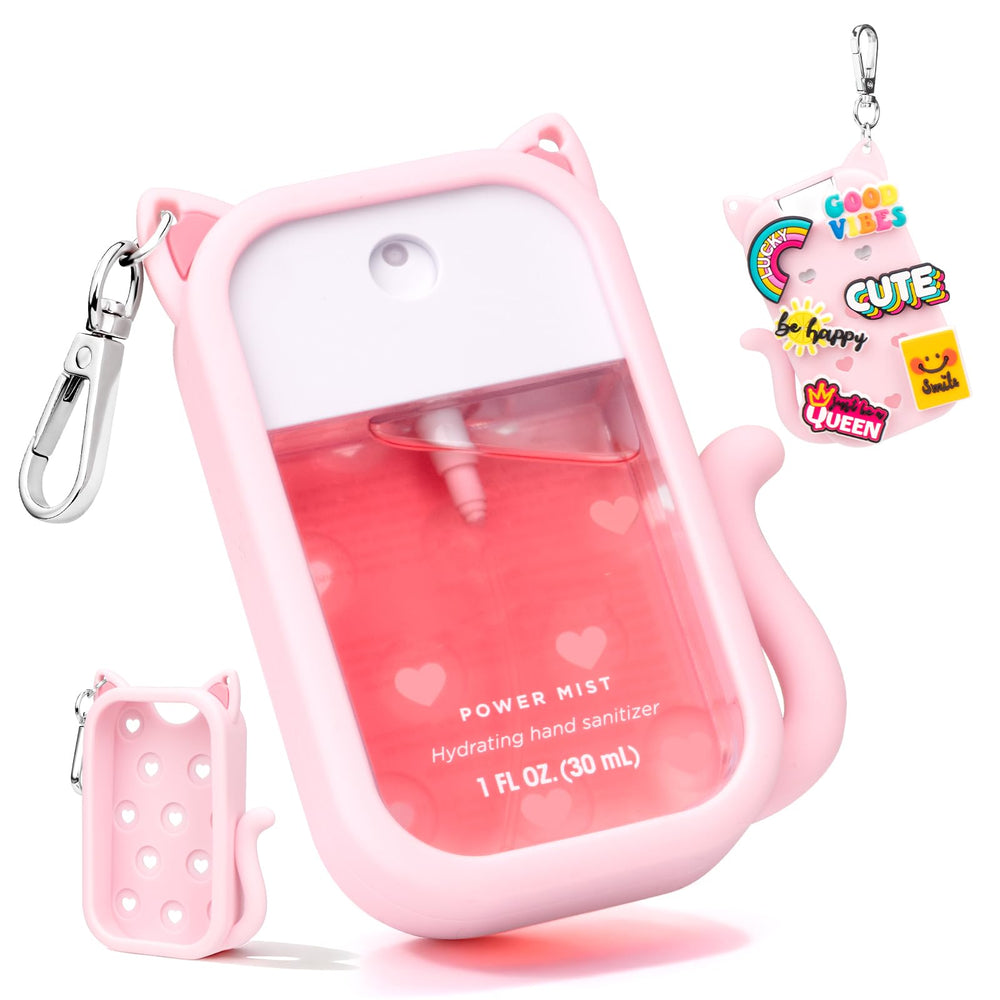 Metyond cat-shaped silicone case front view in pink, stylish protection for Touchland 30ml spray