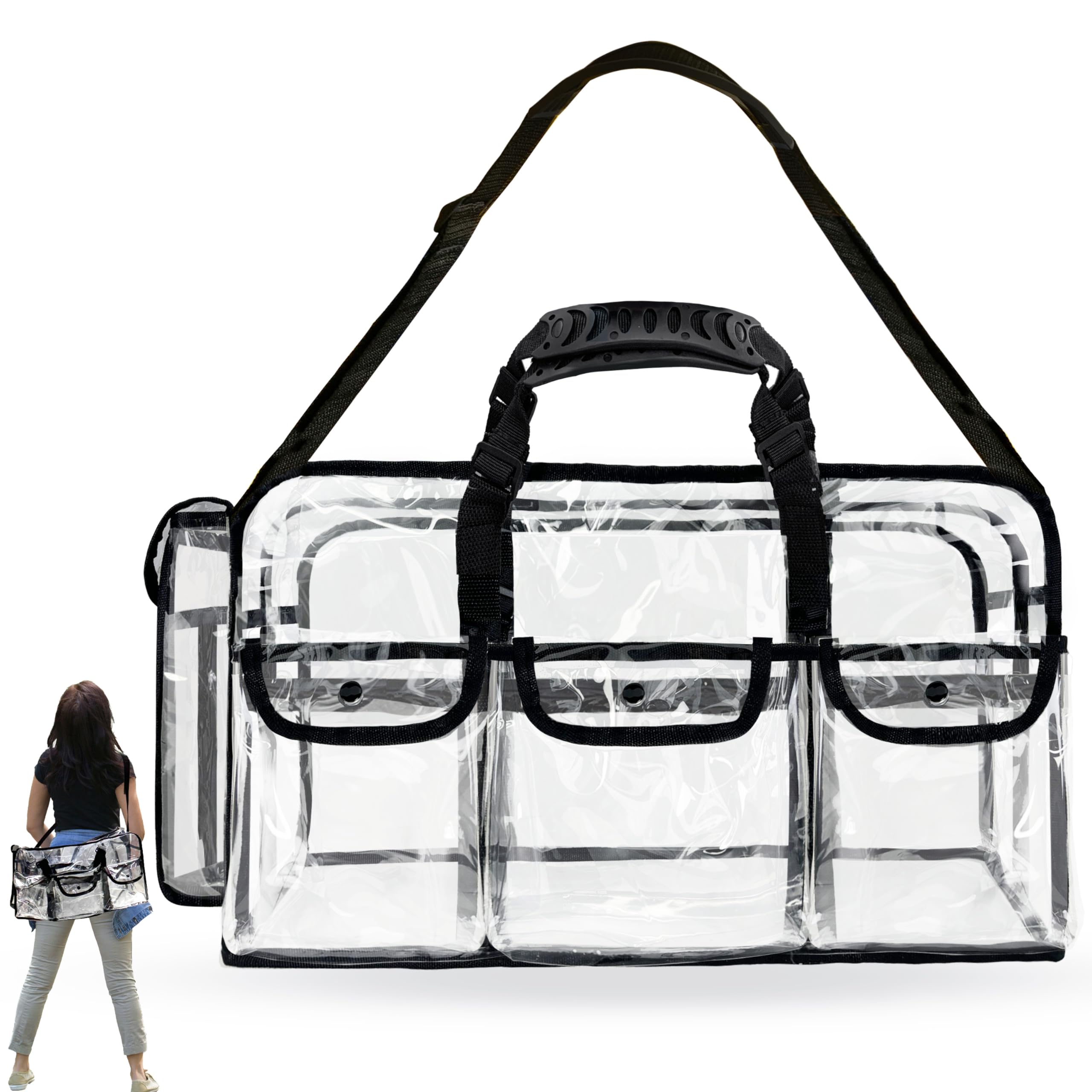 Mewcho clear tote 20-inch front view with organized pockets for quick makeup access