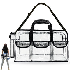 Mewcho clear tote 20-inch front view with organized pockets for quick makeup access