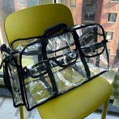 Mewcho clear tote interior pockets demonstrate easy organization for travel cosmetics