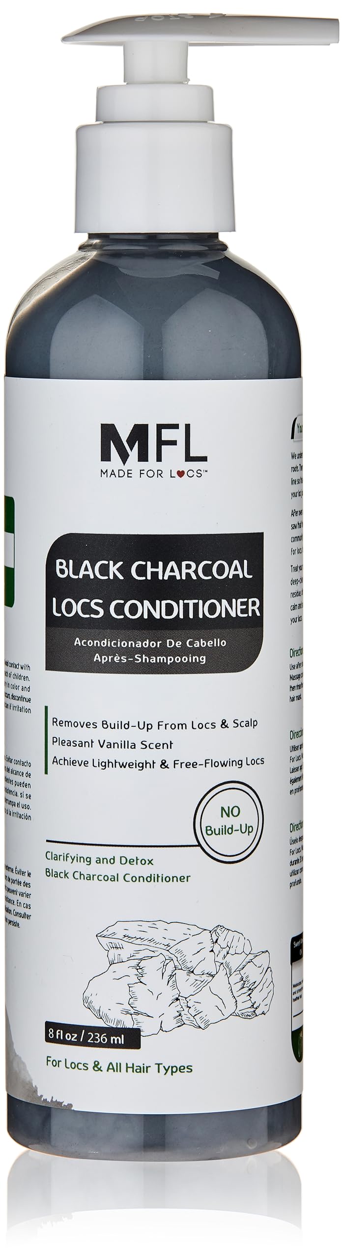 MFL Made For Locs Black Charcoal Conditioner bottle hydrates and detoxes locs