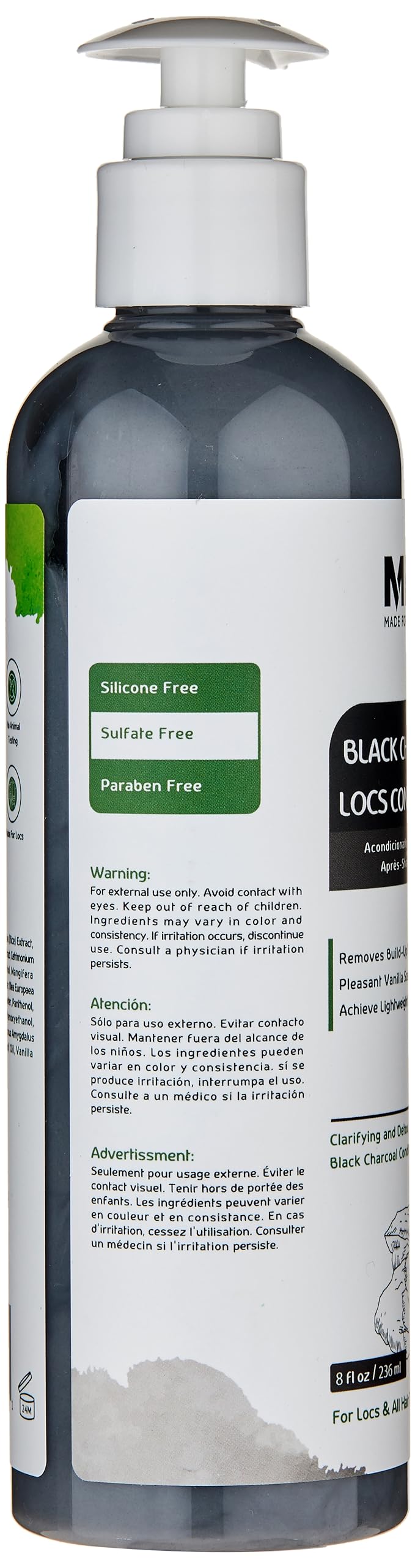 MFL Made For Locs Black Charcoal Conditioner label closeup highlighting detox charcoal