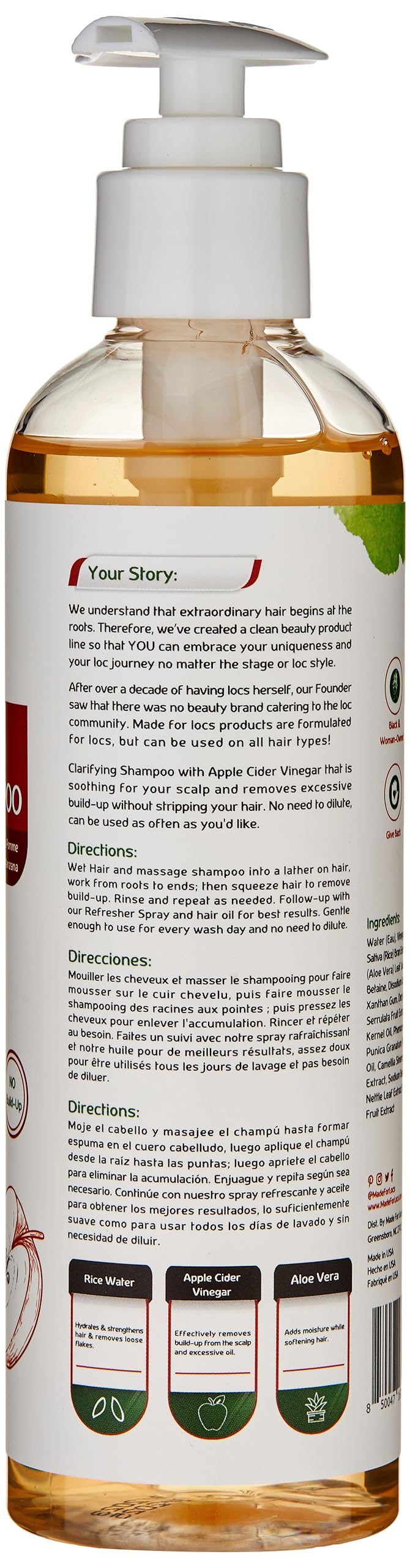 MFL Made For Locs shampoo label highlights natural ingredients like aloe and rice water
