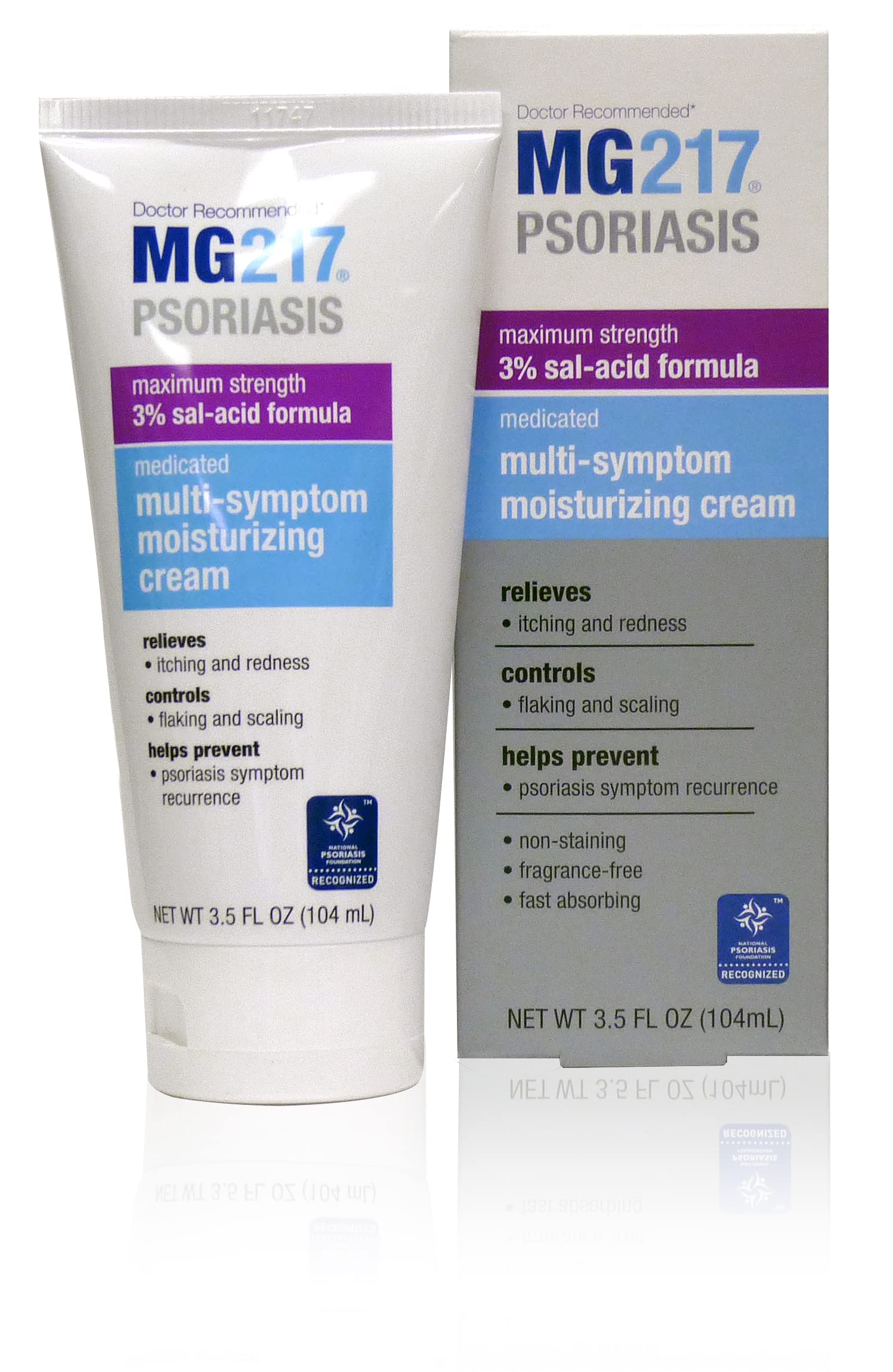 MG217 bottle shows easy-dose dispenser for daily psoriasis care.