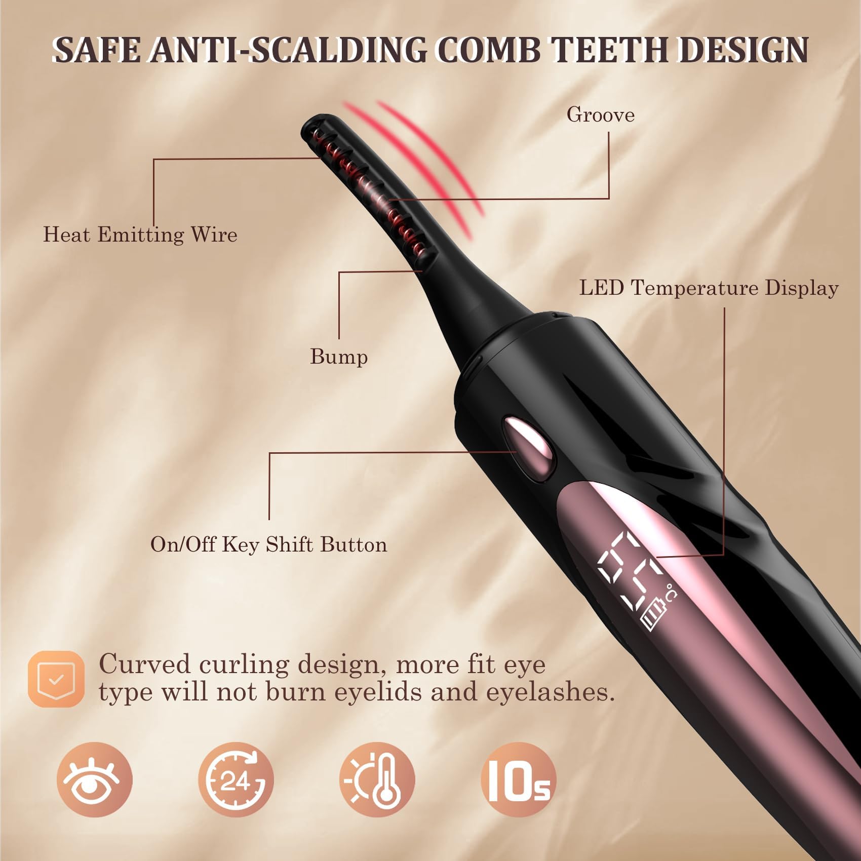 MGKO heated eyelash curler safety features including arc head and auto-shutoff