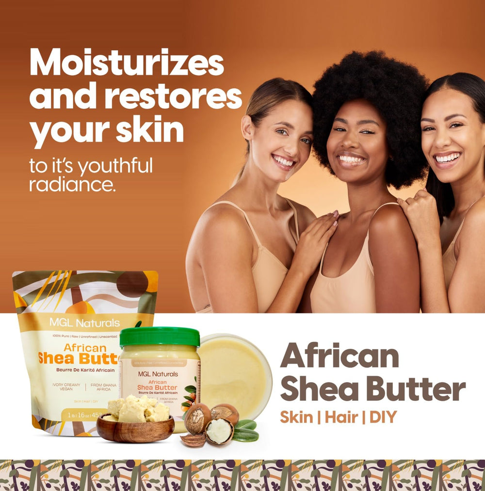 MGL Naturals Ghana-sourced shea butter packaging close-up for sustainable beauty
