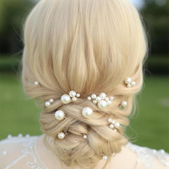 MHKLCD bridal pearl hair pin on updo demonstrates versatile styling appeal