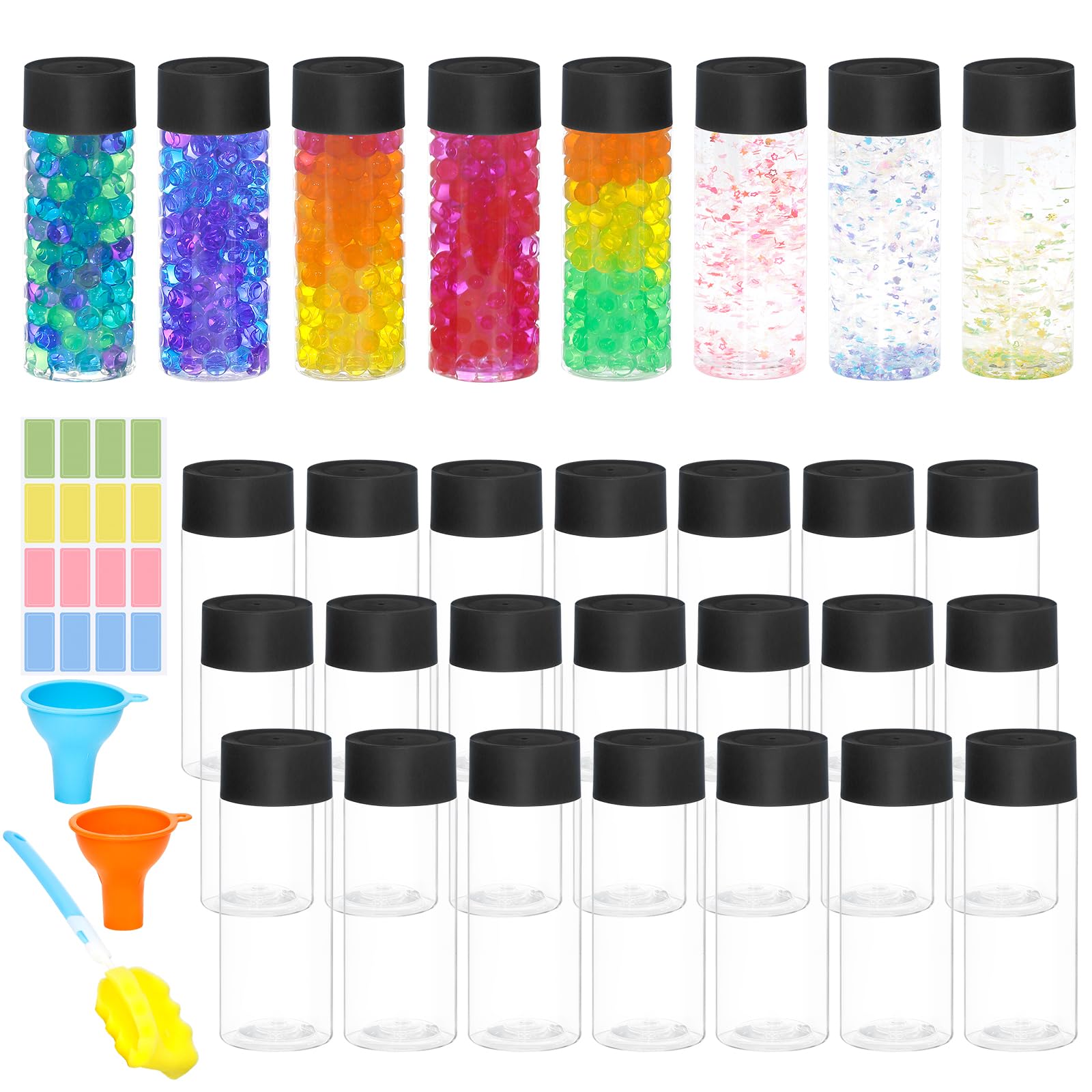 Mhtdet sensory bottles 29-pack wide shot for classroom crafts and home play.