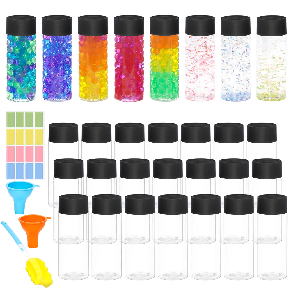 Mhtdet sensory bottles 29-pack wide shot for classroom crafts and home play.