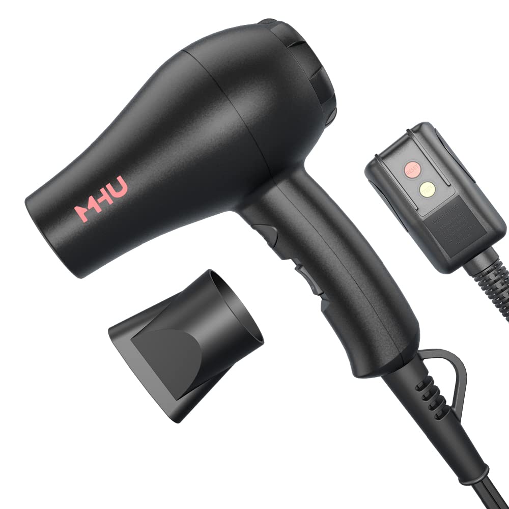 MHU mini blow dryer ceramic ionic 1000W with sleek black body for travel styling.