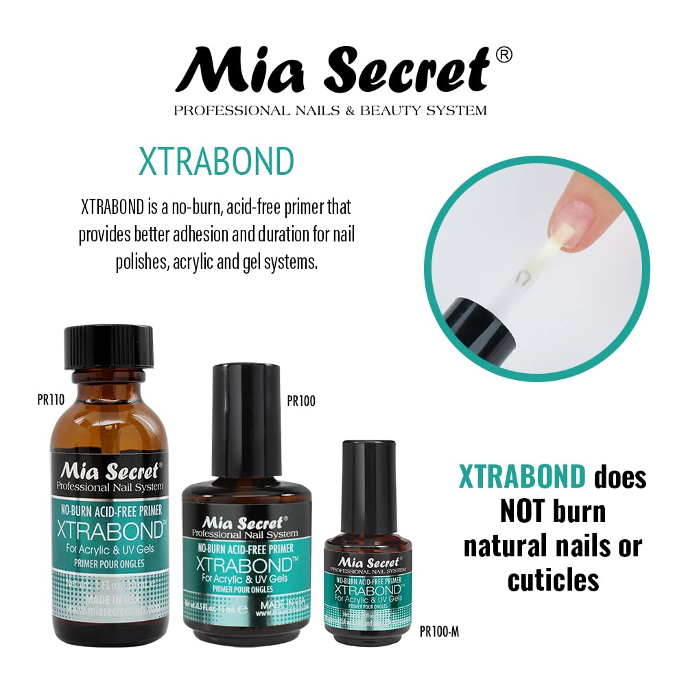 Mia Secret Acid-Free Primer close-up highlights gentle formula for sensitive nails.
