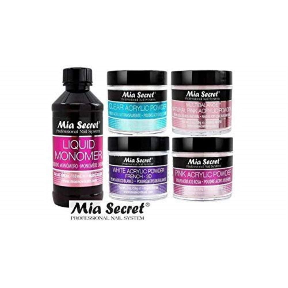 Mia Secret acrylic powders pink, clear, white and multibalance close-up for balanced shade