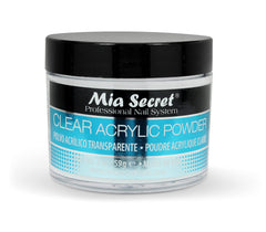 Mia Secret Clear Acrylic Powder 2oz bottle shows true-clear formula for encapsulation.