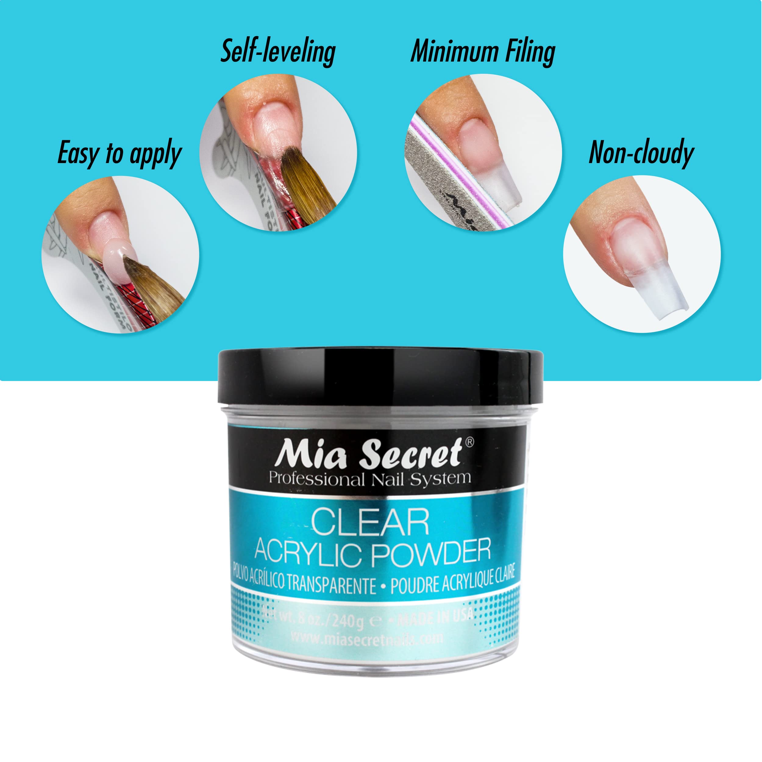Mia Secret Clear Acrylic Powder adhesion test on sample nails highlights strong bond.