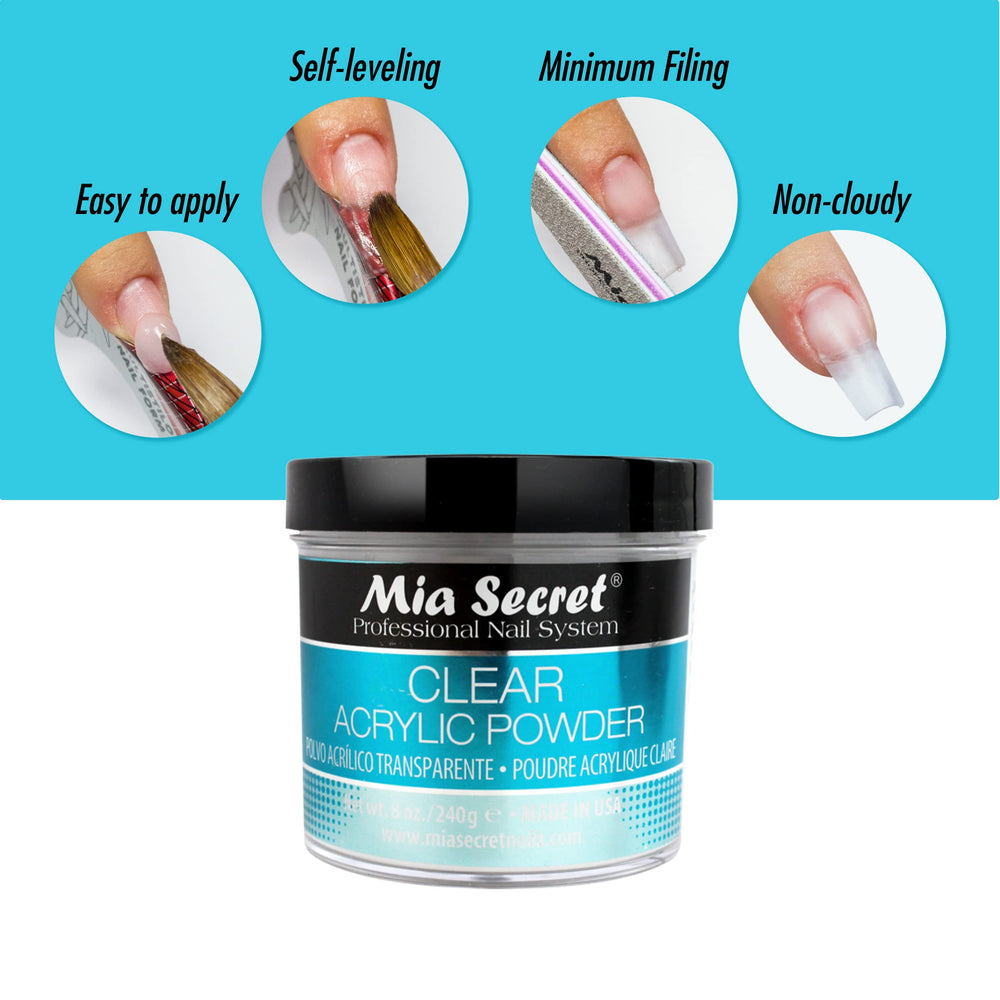 Mia Secret Clear Acrylic Powder adhesion test on sample nails highlights strong bond.