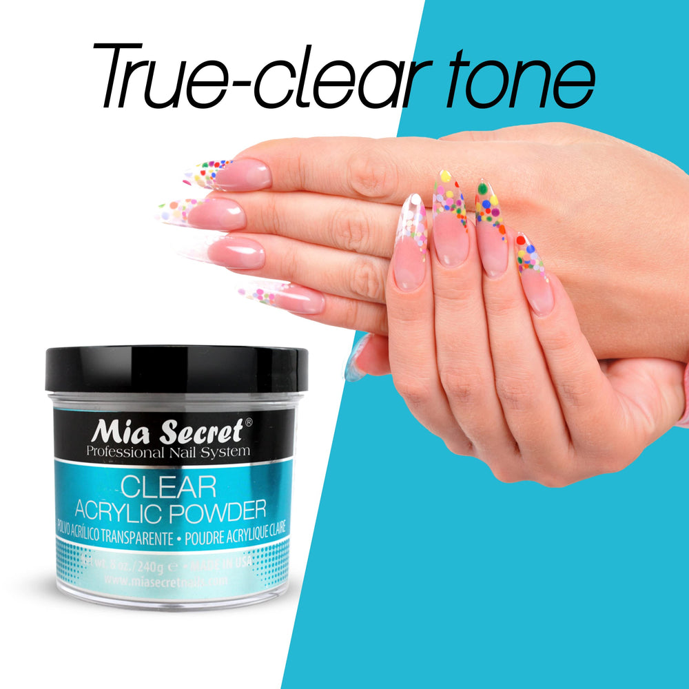 Mia Secret Clear Acrylic Powder application with brush demonstrating smooth, self-leveling consistency.