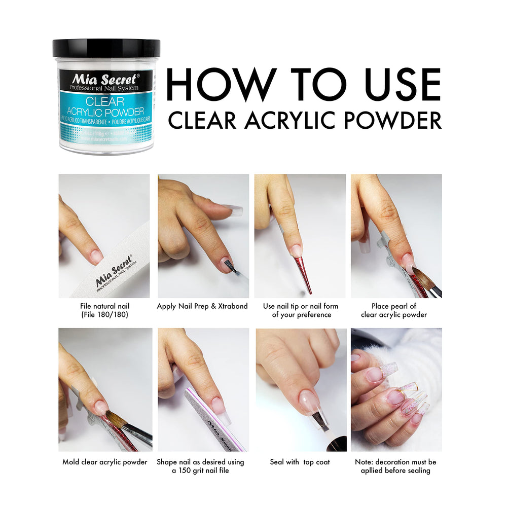 Mia Secret Clear Acrylic Powder compatible with gel systems for versatile nail art.