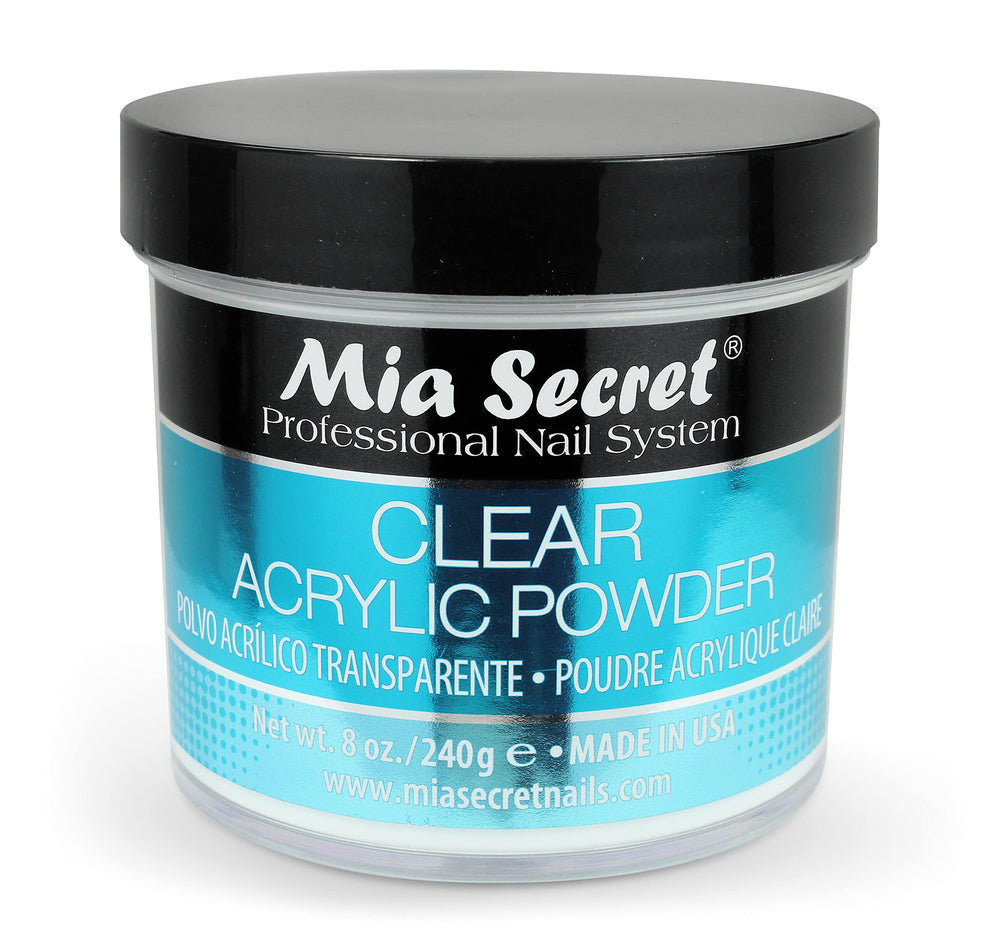 Mia Secret Clear Acrylic Powder packaging showcases USA-made quality for reliable results.