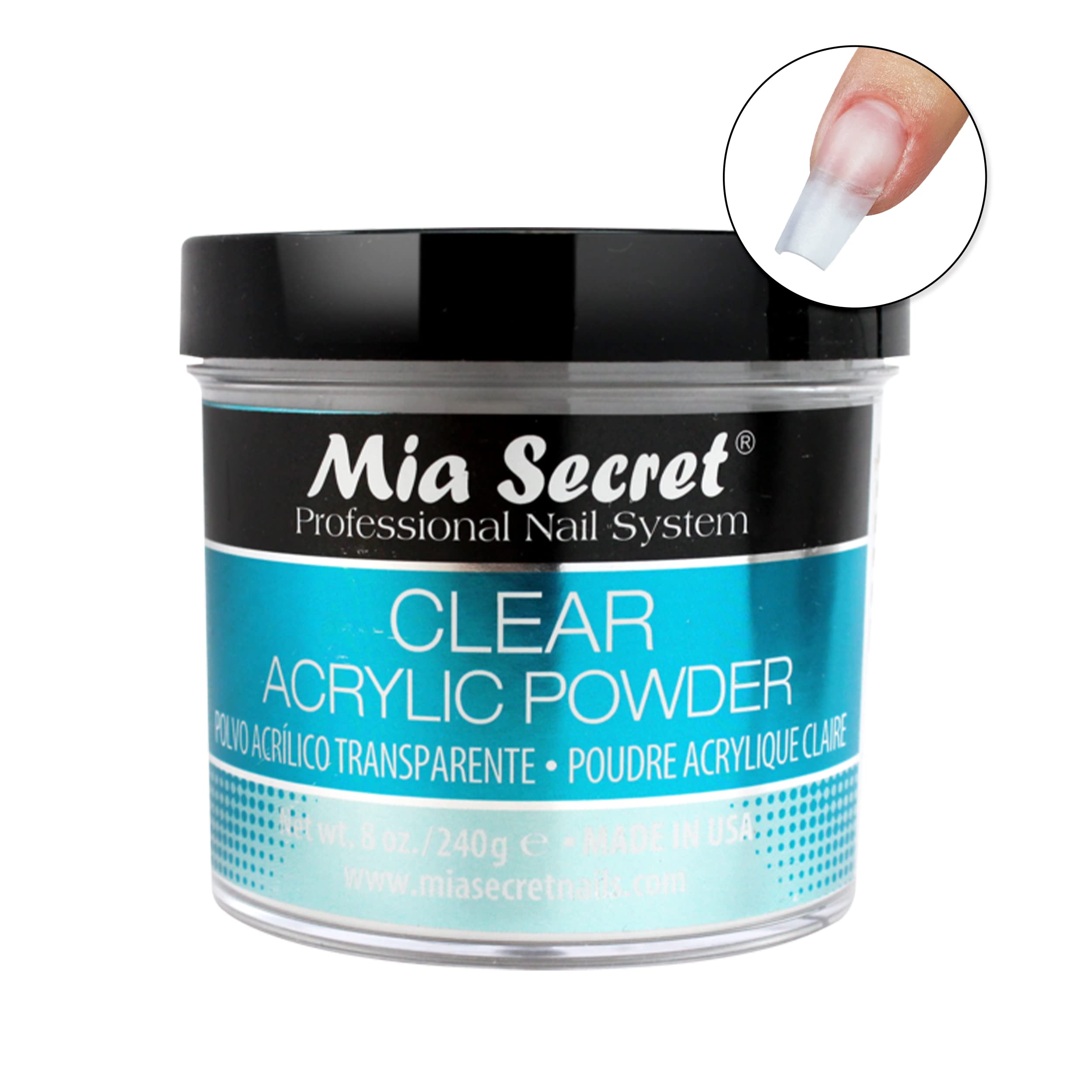 Mia Secret Clear Acrylic Powder tin closeup emphasizing true-clear formula for translucency.