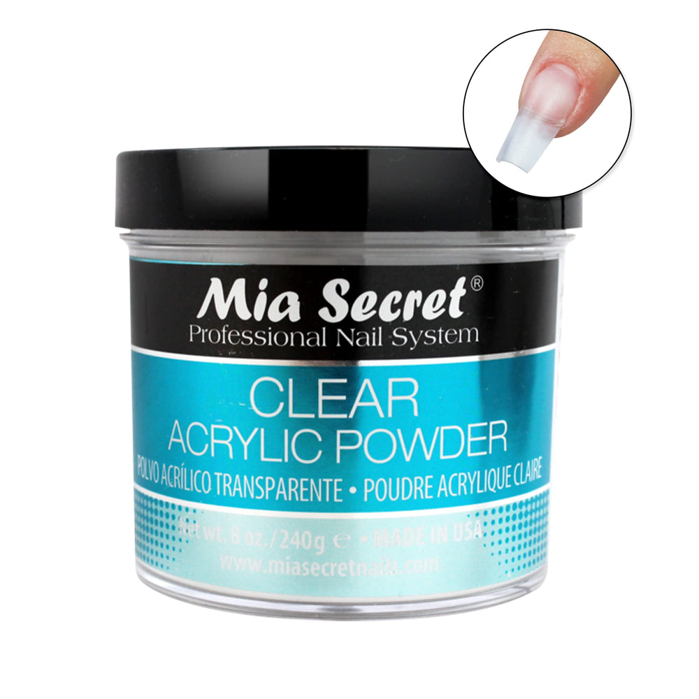 Mia Secret Clear Acrylic Powder tin closeup emphasizing true-clear formula for translucency.